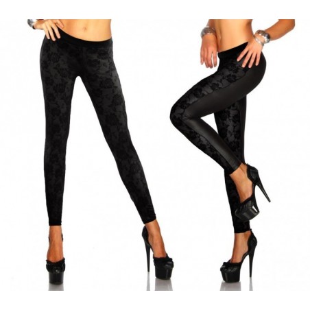 ALEJ0213 Leggings femmes, effet cuir avec avant en dentelle élastique  ALEJ0213 Leggings femmes, effet cuir avec avant en dentelle élastique