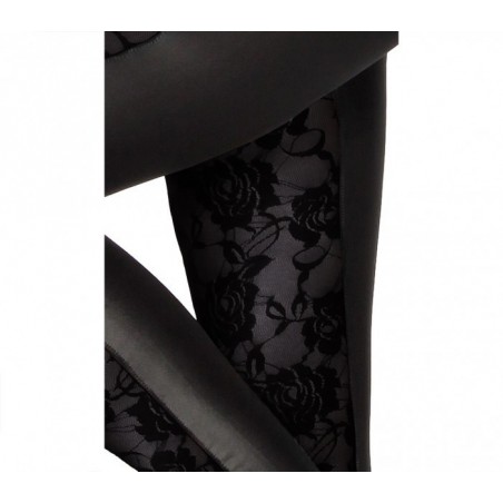 ALEJ0213 Leggings femmes, effet cuir avec avant en dentelle élastique  ALEJ0213 Leggings femmes, effet cuir avec avant en dentelle élastique