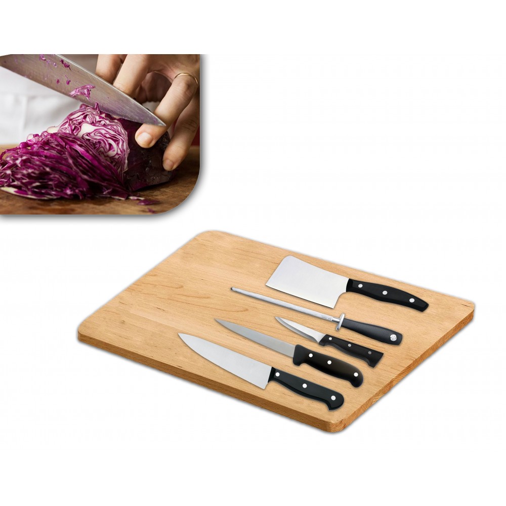 Set de 6 couteaux de cuisine inox à lame d'acier et planche á découper en bois 30 x 20 cm 593729