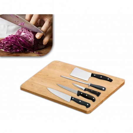 Set de 6 couteaux de cuisine inox à lame d'acier et planche á découper en bois 30 x 20 cm 593729