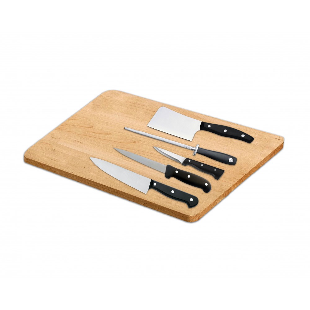Set de 6 couteaux de cuisine inox à lame d'acier et planche á découper en bois 30 x 20 cm 593729
