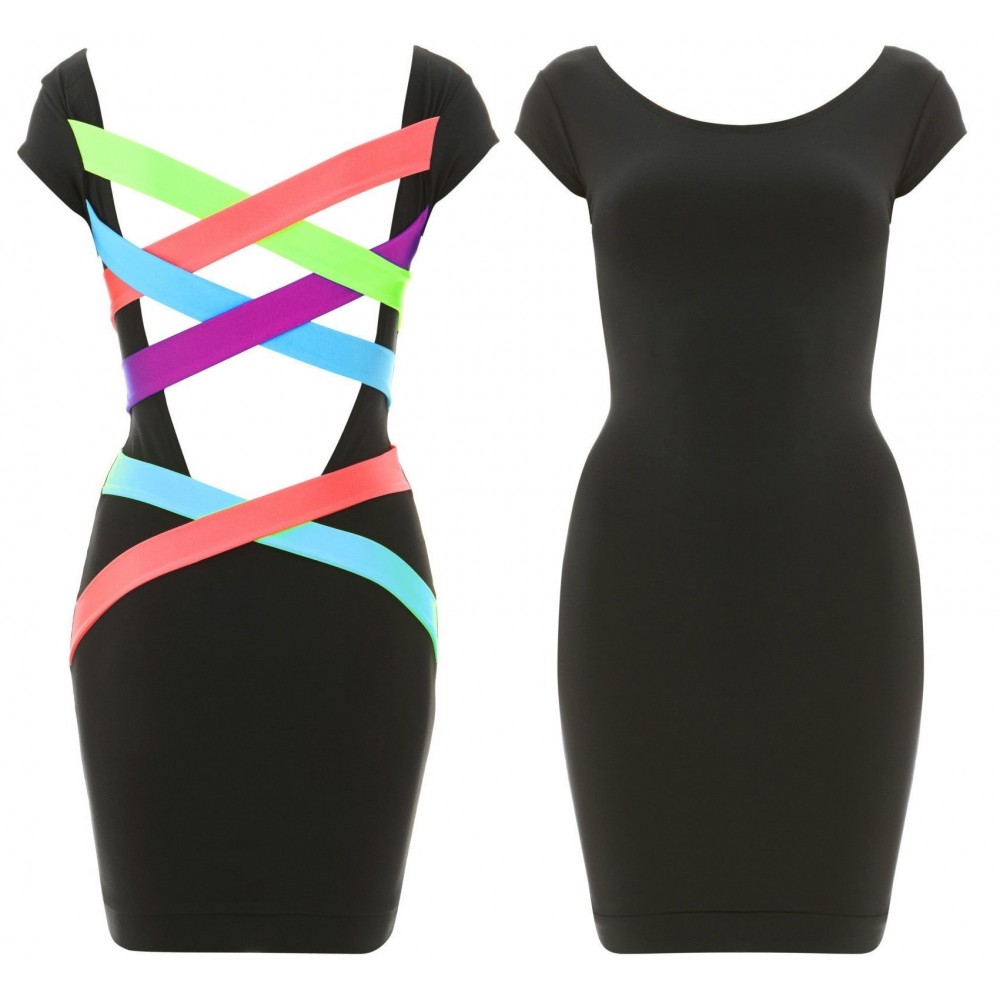 Robe tube femme couleur noir avec rayures multi couleurs - mode féminine - Mod. ALAMEDA