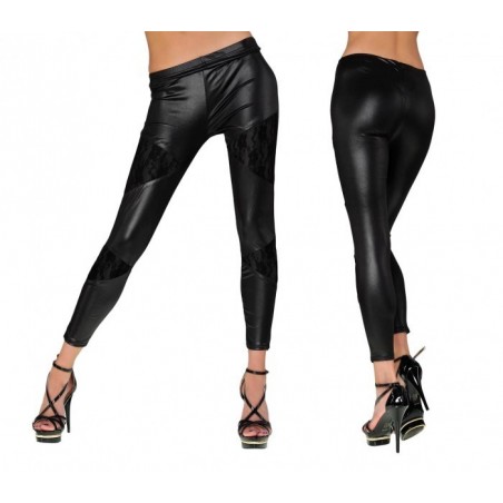 ALEJ0212 Leggings femmes, effet cuir avec empiècements en dentelle élastique 