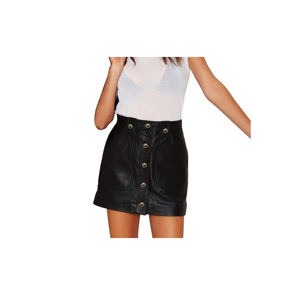 61521 Jupe taille haute EMBER noire avec des boutons en laiton sur le devant