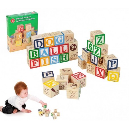 98304 Playset éducatif en bois cubes avec animaux, lettres et numéros 3x3 cm