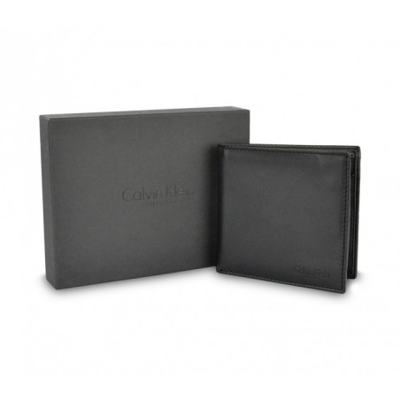 S09 Portefeuille noir Calvin Klein pour homme en vrai cuir avec porte-monnaie