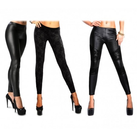 Set de 3 leggings femme ass.NAJA eff. cuir avec élastique empiècements dentelle Set de 3 leggings femme ass.NAJA eff. cuir avec élastique empiècements dentelle