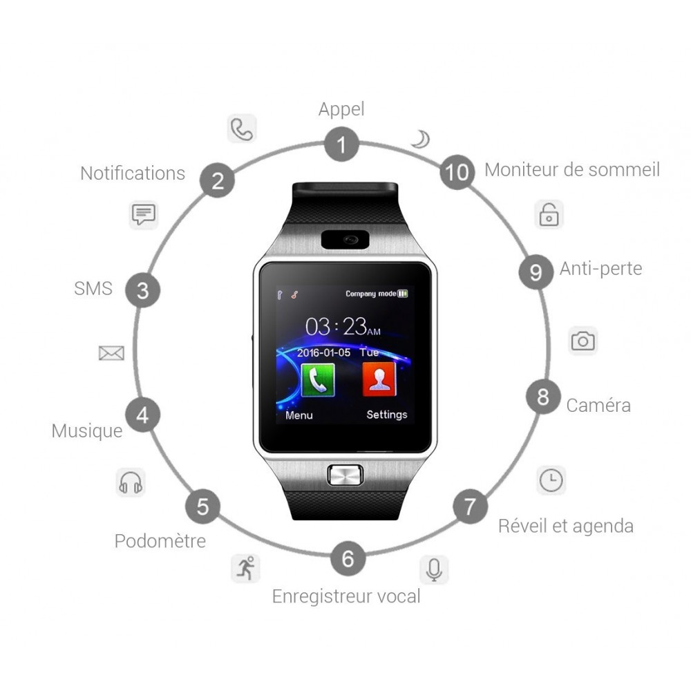 Smartwatch bluetooth 11010 avec sim display hd compatible avec Android et ios