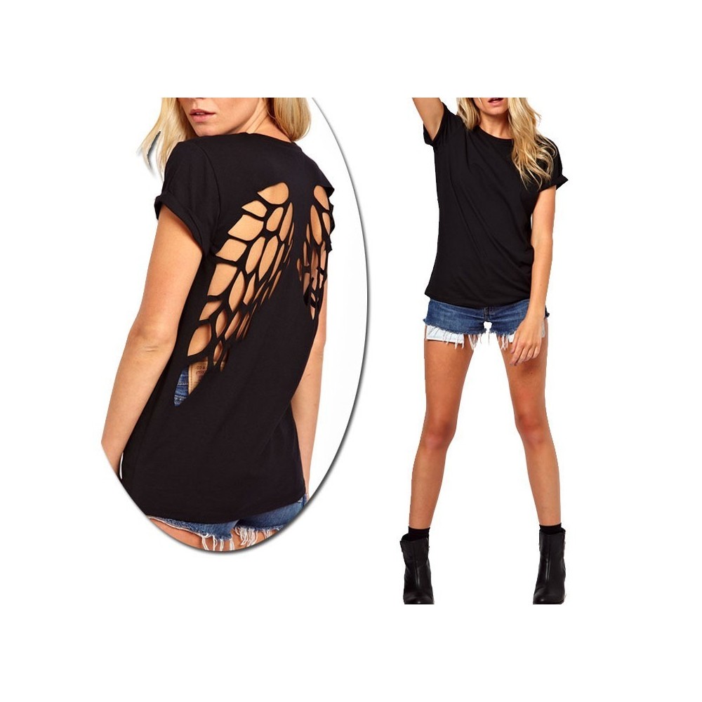 T-shirt femme noir - motif ailes d'ange - dessin-back - mode estivale