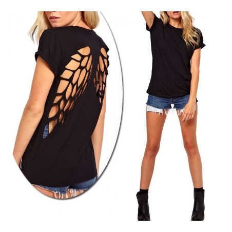 T-shirt femme noir - motif ailes d'ange - dessin-back - mode estivale