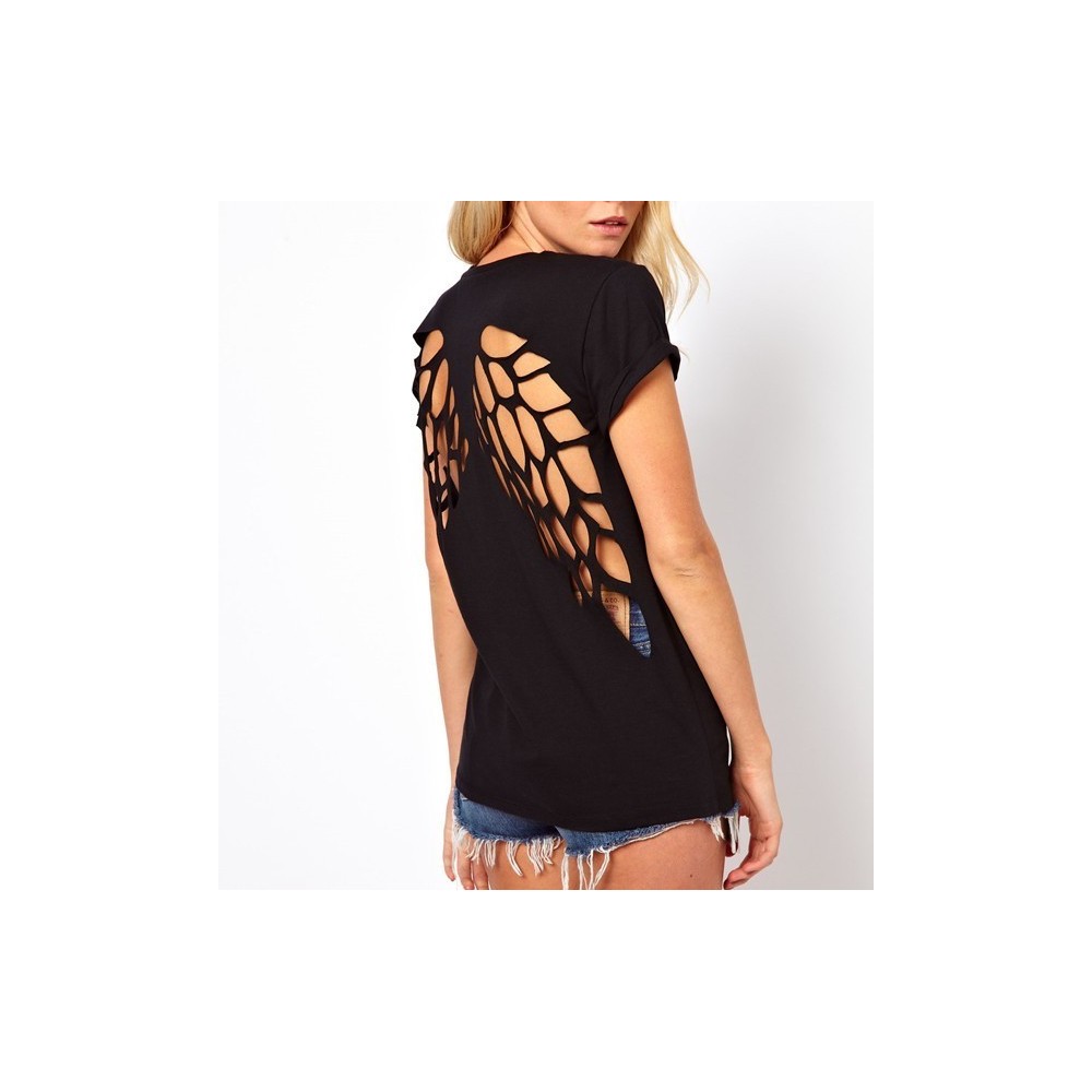 T-shirt femme noir - motif ailes d'ange - dessin-back - mode estivale