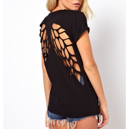 T-shirt femme noir - motif ailes d'ange - dessin-back - mode estivale