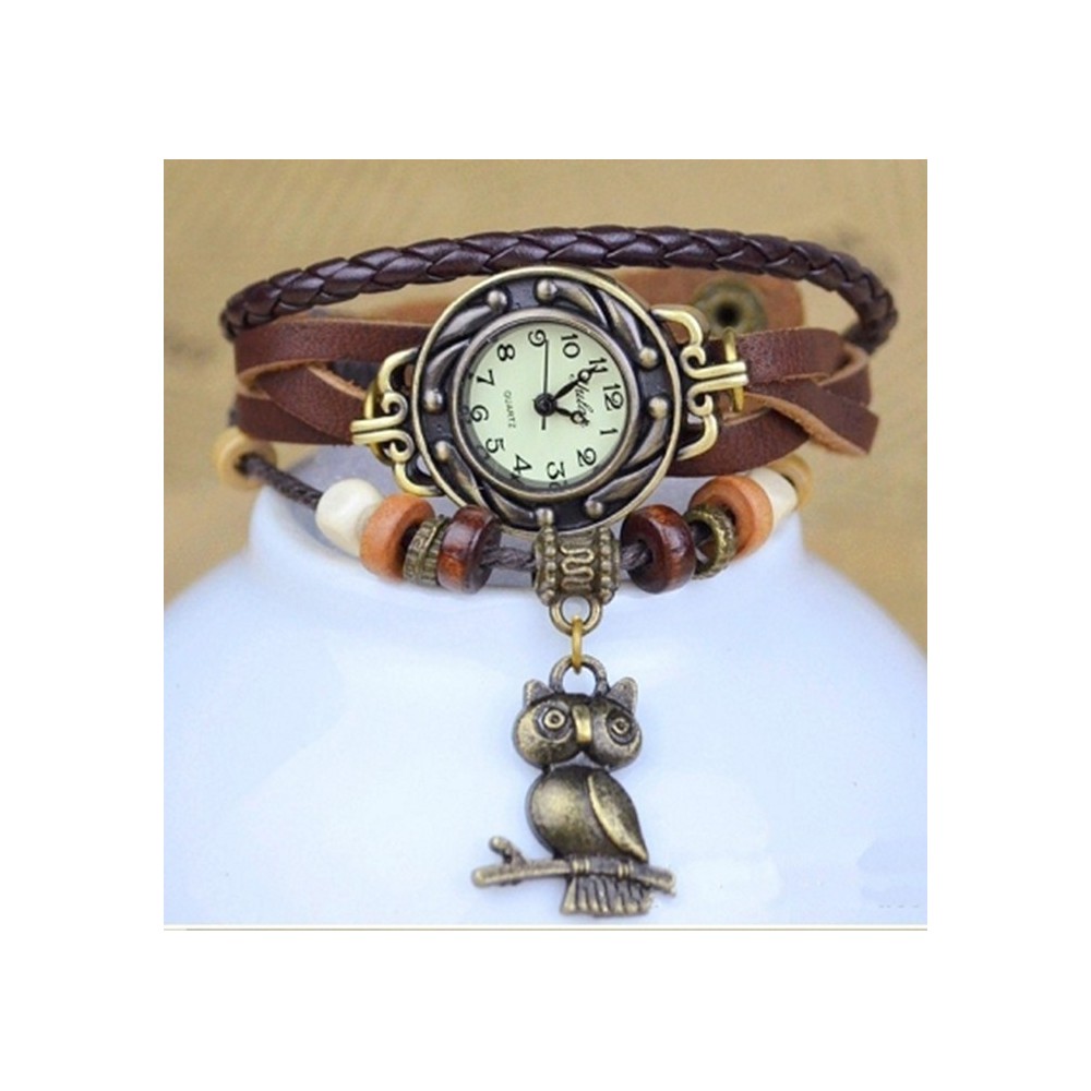 Montre analogique- bracelet en cuir - hibou