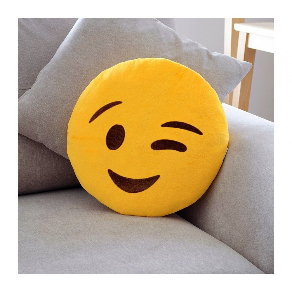 557316 Coussin décoratif émoticône motif tête clin d'œil jaune 30 cm ø