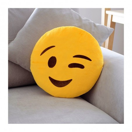 557316 Coussin décoratif émoticône motif tête clin d'œil jaune 30 cm ø