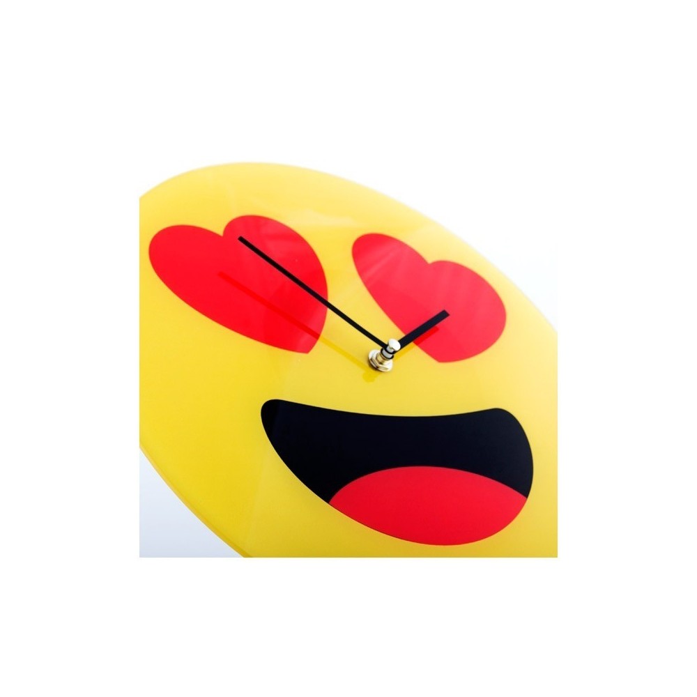 79/3232 Horloge murale en verre émoticône avec les yeux en coeurs 30 cm ø