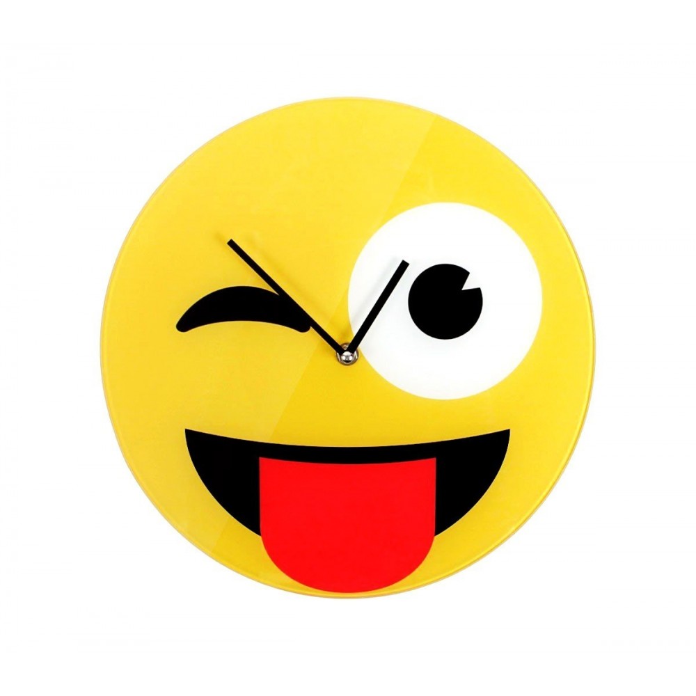 79/3229 Horloge murale en verre émoticône de clin d’œil tire la langue 30 cm ø
