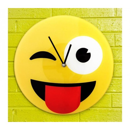 79/3229 Horloge murale en verre émoticône de clin d’œil tire la langue 30 cm ø