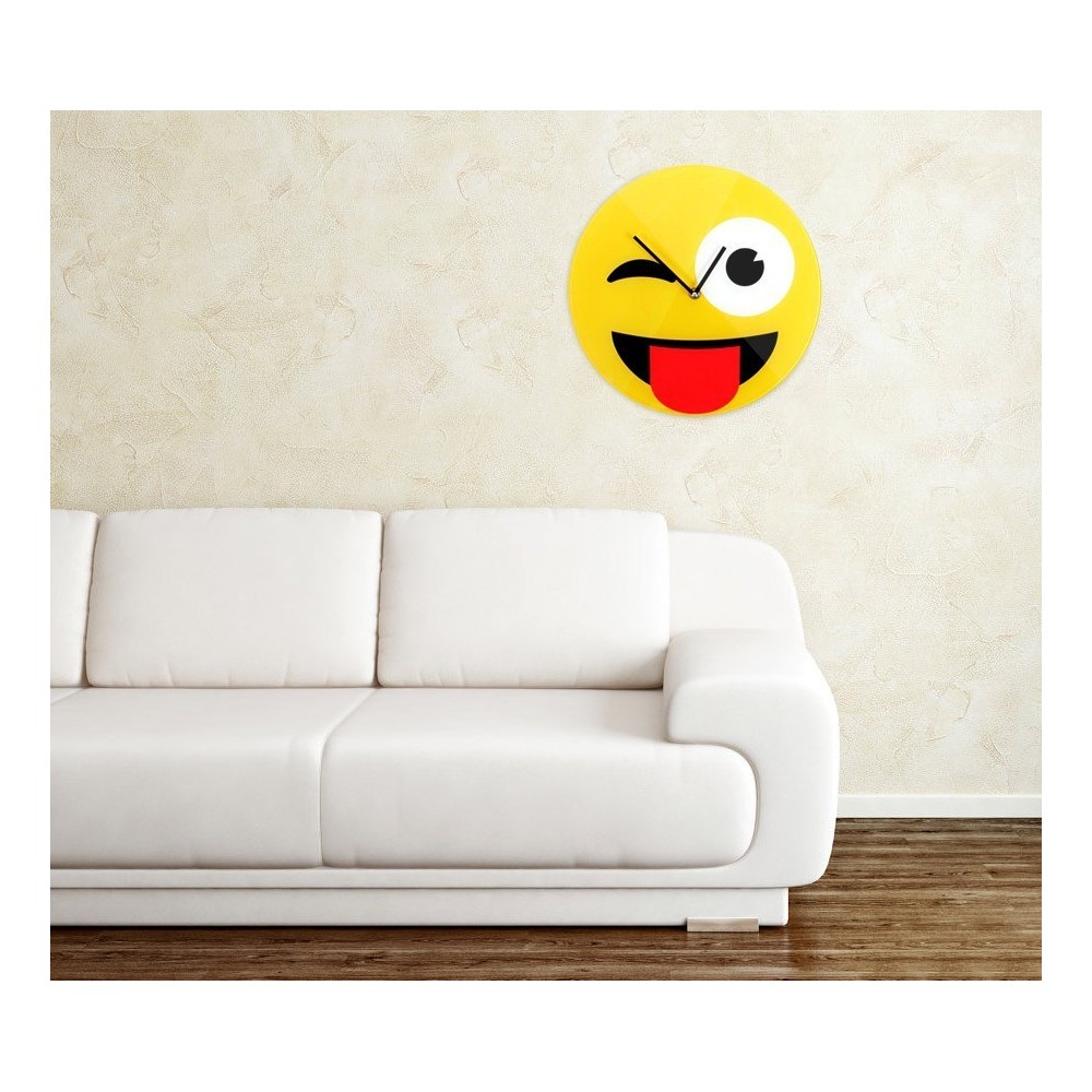 79/3229 Horloge murale en verre émoticône de clin d’œil tire la langue 30 cm ø