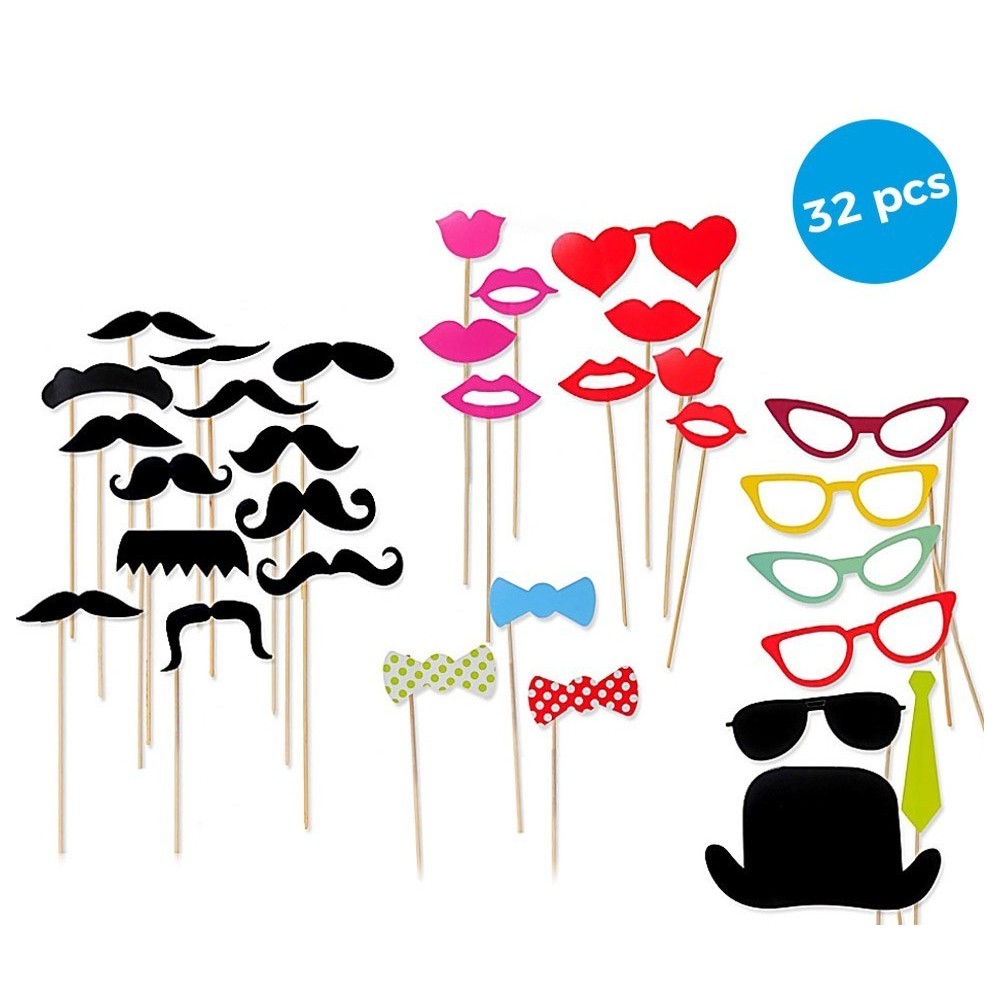 106058 Set de Photo booth PHOTO PROPS 32 pièces moustaches lèvres pour soirée