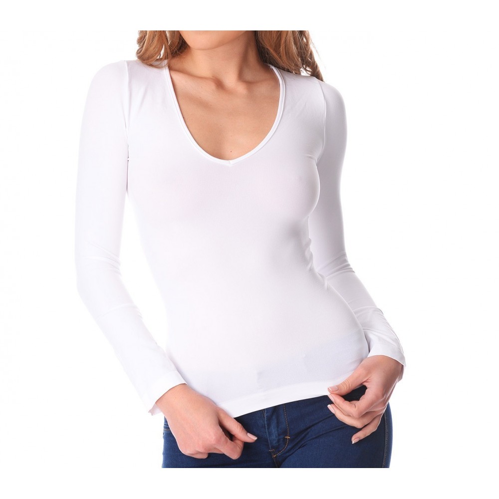 615256 T-Shirt Lisa manches longues et col V en nylon pour femme effet thermique