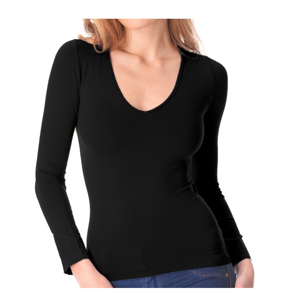 615256 T-Shirt Lisa manches longues et col V en nylon pour femme effet thermique