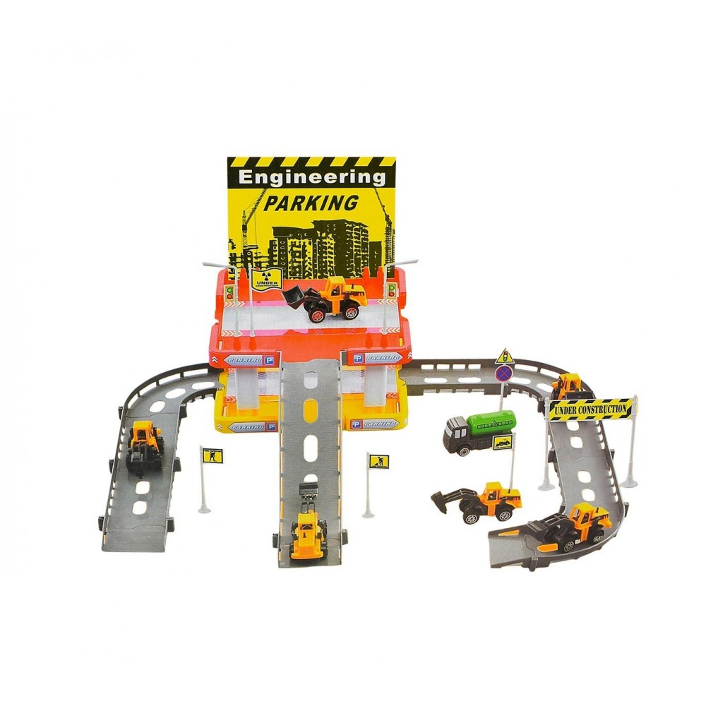 358603 Parc de stationnement en construction CIGIOKI avec voitures et panneaux