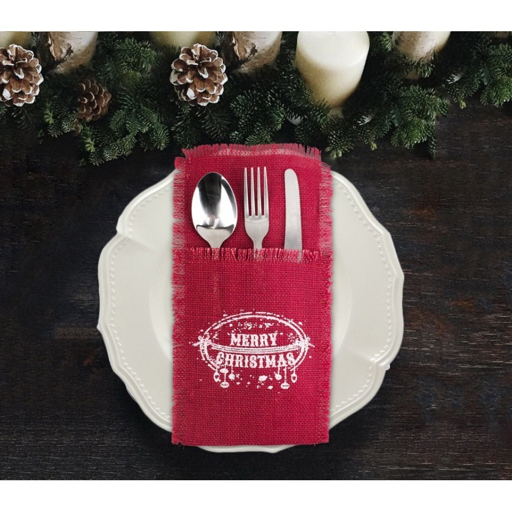 567193 Poche porte-couverts Noël MERRY CHRISTMAS toile de jute rouge