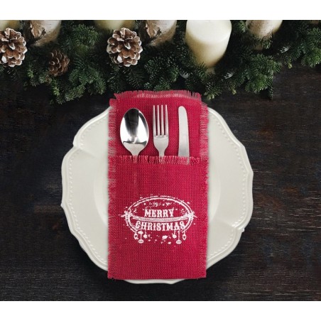 567193 Poche porte-couverts Noël MERRY CHRISTMAS toile de jute rouge
