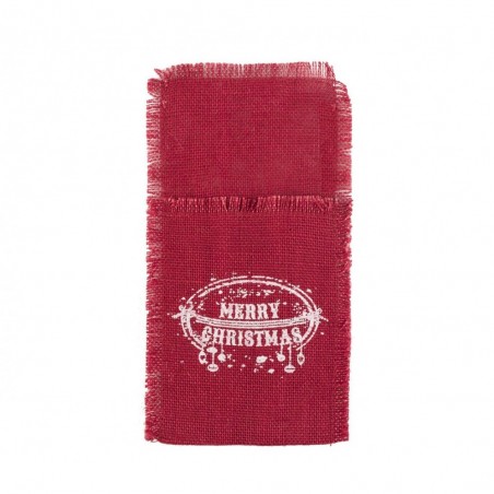 567193 Poche porte-couverts Noël MERRY CHRISTMAS toile de jute rouge