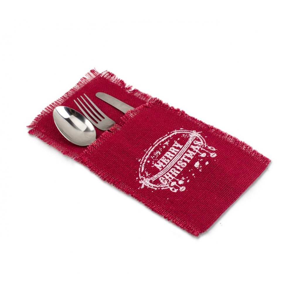 567193 Poche porte-couverts Noël MERRY CHRISTMAS toile de jute rouge