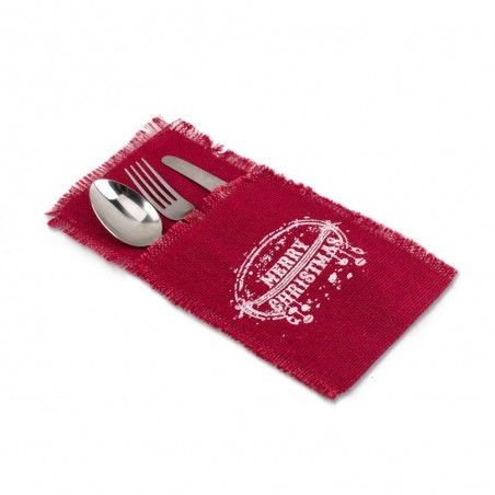 567193 Poche porte-couverts Noël MERRY CHRISTMAS toile de jute rouge