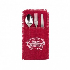 567193 Poche porte-couverts Noël MERRY CHRISTMAS toile de jute rouge