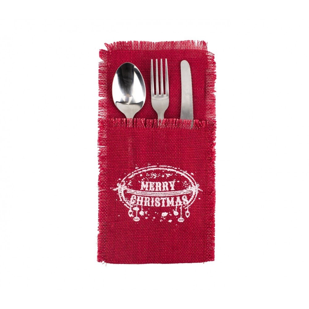 567193 Poche porte-couverts Noël MERRY CHRISTMAS toile de jute rouge