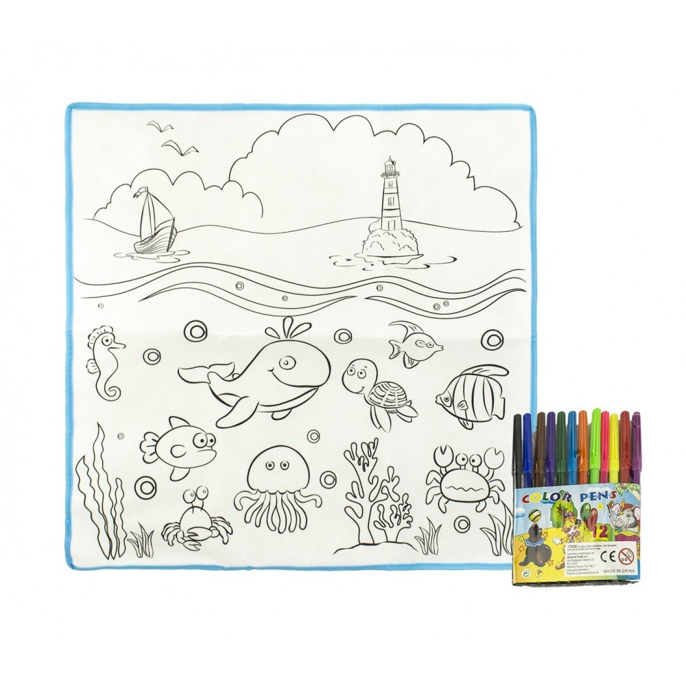 121767 Tapis magique L'OCÉAN lavable 50 x 50 cm pour colorier avec 12 feutres