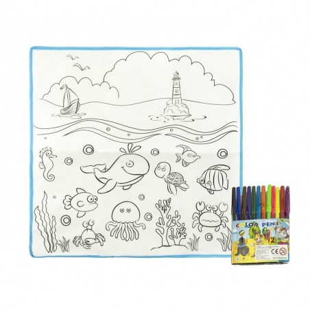 121767 Tapis magique L'OCÉAN lavable 50 x 50 cm pour colorier avec 12 feutres