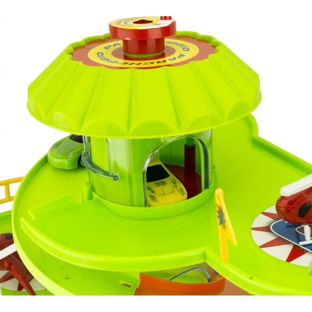 102303 Parc de stationnement 3 niveaux avec hélicoptères ascenseur et voitures