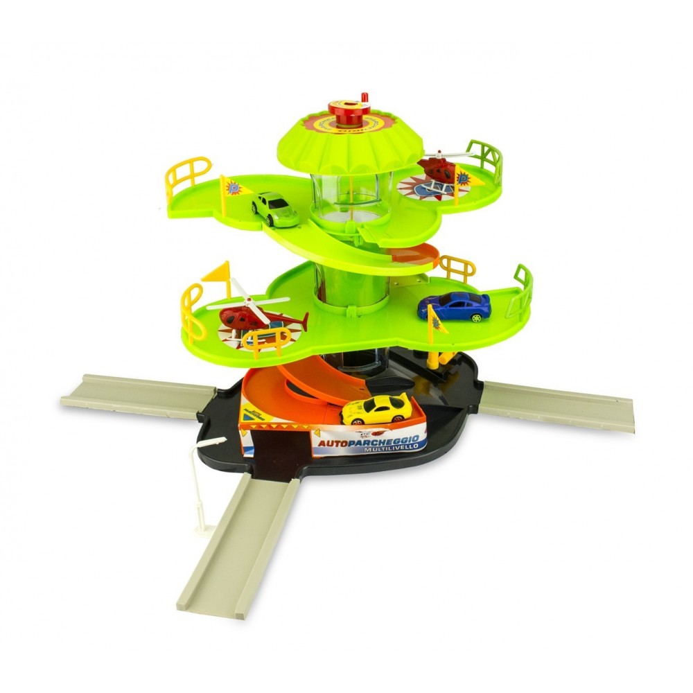 102303 Parc de stationnement 3 niveaux avec hélicoptères ascenseur et voitures