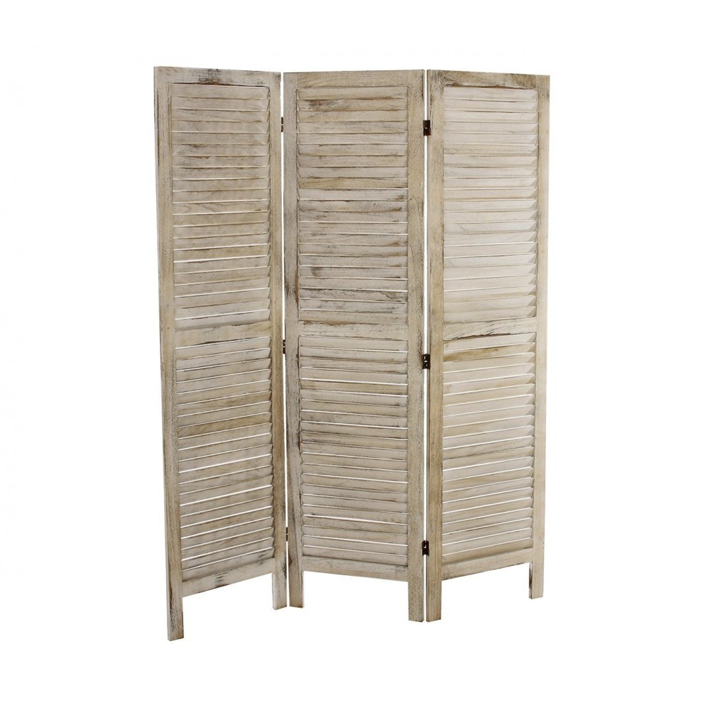 394465 Paravent modèle classique en bois blanc vieilli 170 x 40 cm