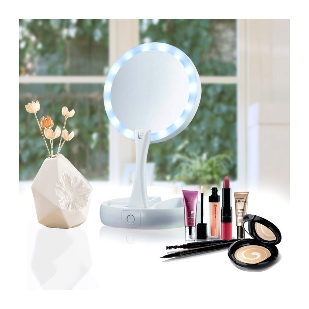 134006 Miroir 2 faces grossissant 1X et 10X lumineux pliable avec compartiment