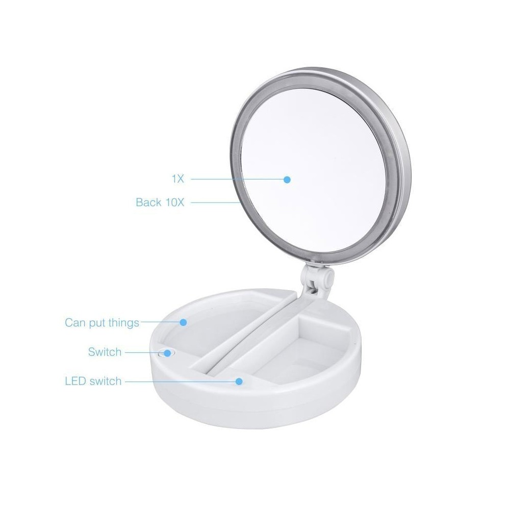 134006 Miroir 2 faces grossissant 1X et 10X lumineux pliable avec compartiment