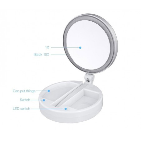 134006 Miroir 2 faces grossissant 1X et 10X lumineux pliable avec compartiment