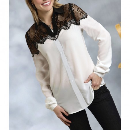 Chemisier blanc femme fille noire dentelle brodée mode printemps mode d'hiver