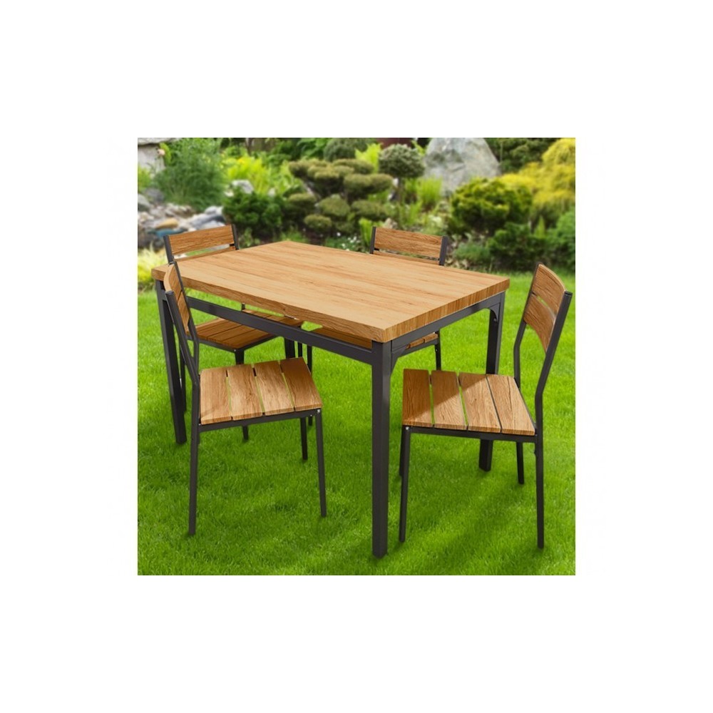 433850 Table de jardin AH avec 4 chaises en métal et bois foncé110x70x75 cm