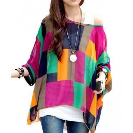 Chemisier en mousseline de soie Mod. formes géométriques - manches chauve-souris