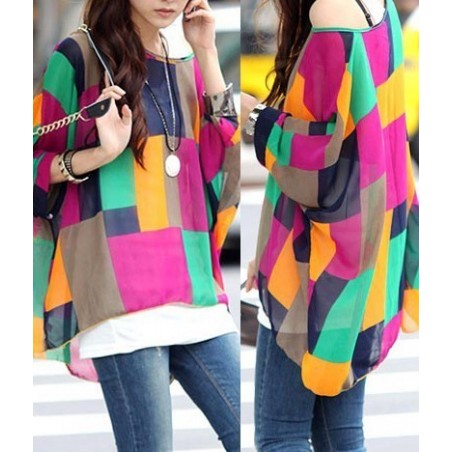 Chemisier en mousseline de soie Mod. formes géométriques - manches chauve-souris