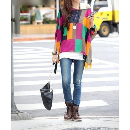 Chemisier en mousseline de soie Mod. formes géométriques - manches chauve-souris