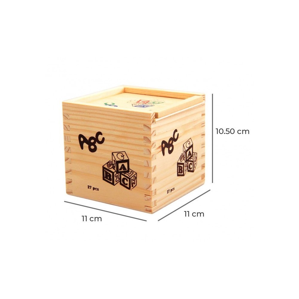 JEU PÉDAGOGIQUE BOÎTE DE 27 CUBES EN BOIS ANIMAUX LETTRES NUMÉROS 3X3 cm