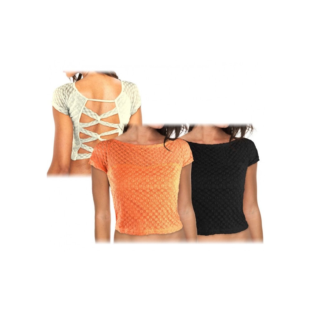 AC316 Top 3/4  dentelle pois brodés croisé du dos