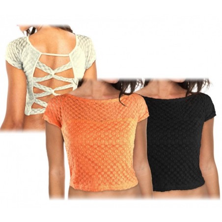 AC316 Top 3/4  dentelle pois brodés croisé du dos AC316 Top 3/4  dentelle pois brodés croisé du dos